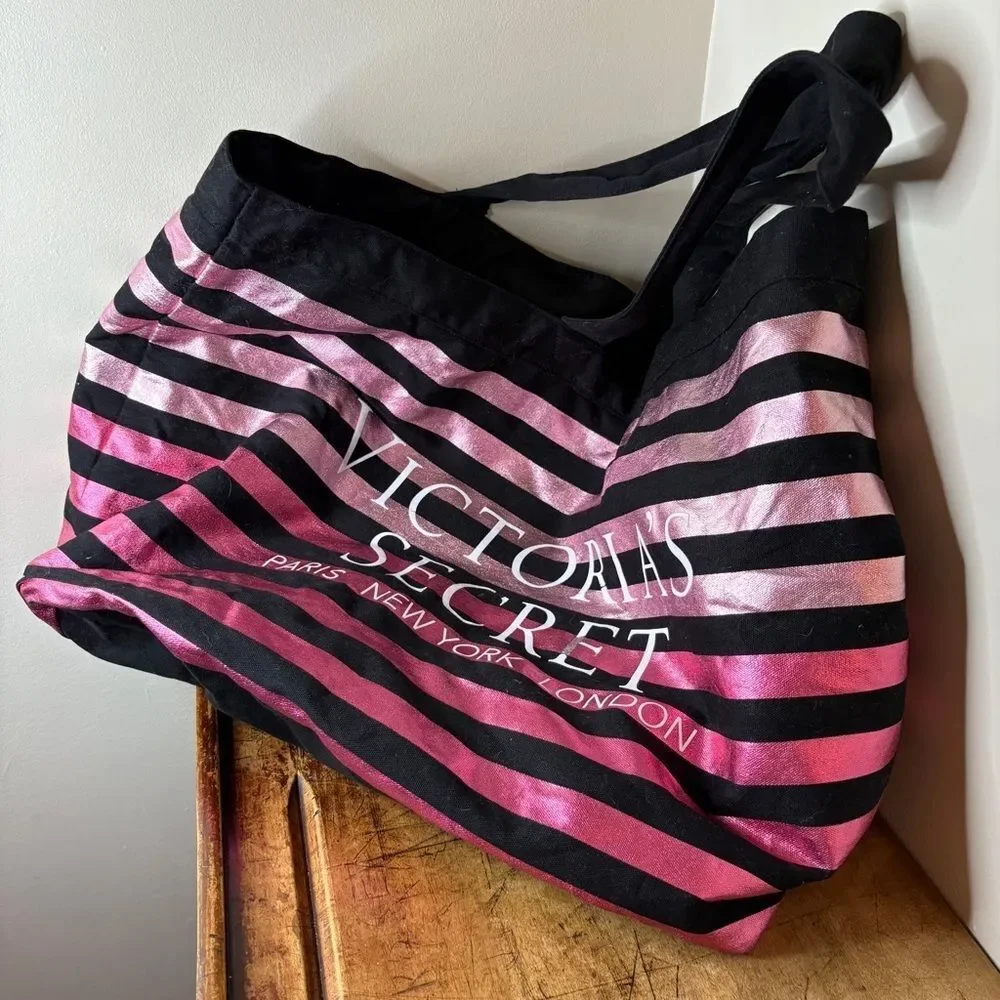 Victoria's Secret Black and Metallic Pink Striped Large Tote see pix for blemish